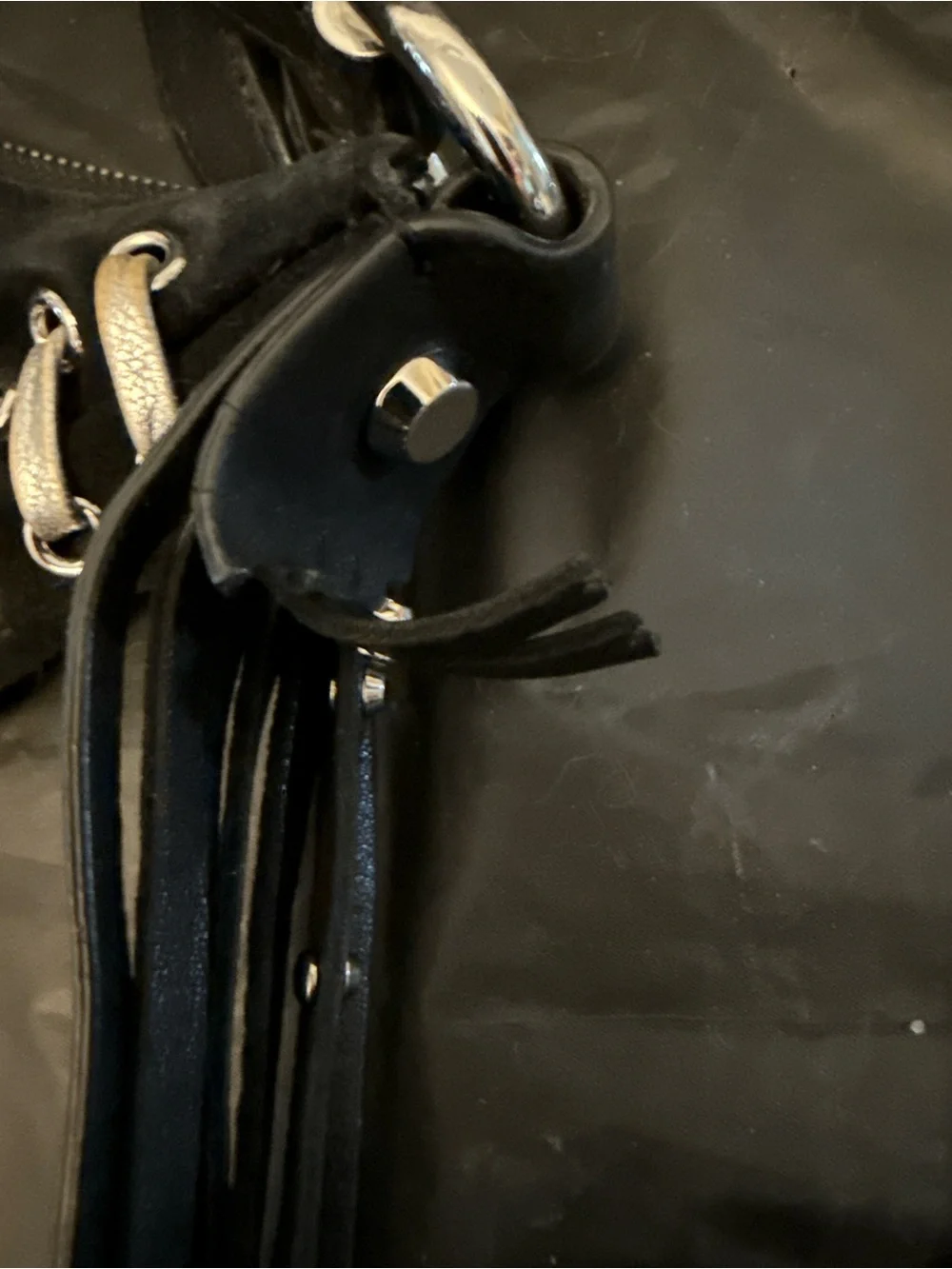 Michael Kors Black Suede Hobo with Silver Eyelet Trim and Fringe